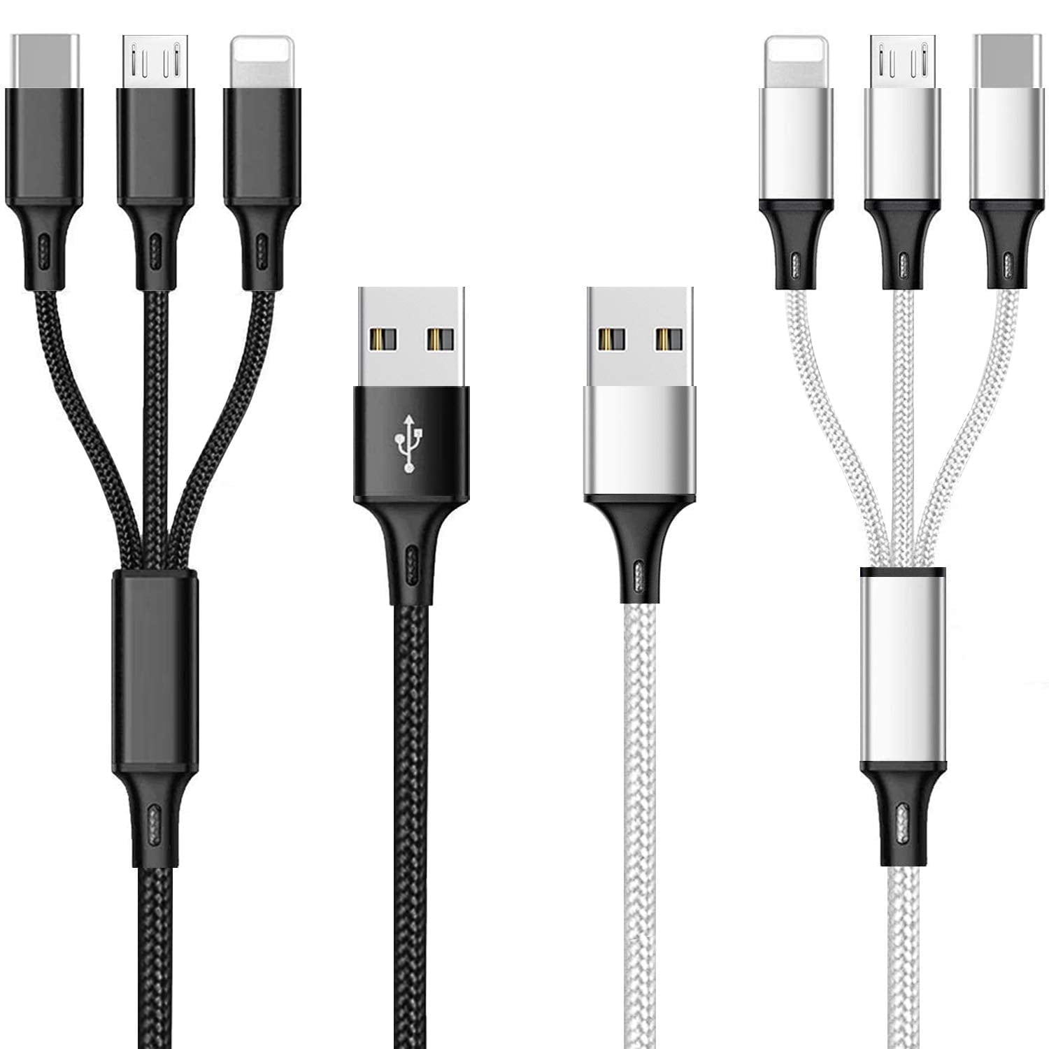 Swades Multi Charging Cable (2 Pack, 10FT), 3-in-1 USB Charger Cord with Type-C, Micro USB & IP Ports, Braided Universal Charging Cable for iPhones, Android Phones & More