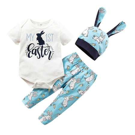 

Baby Boys Girls Easter Cartoon Rabbit Printed Romper Bodysuit+Pants Hat Outfits For 9-12 Months