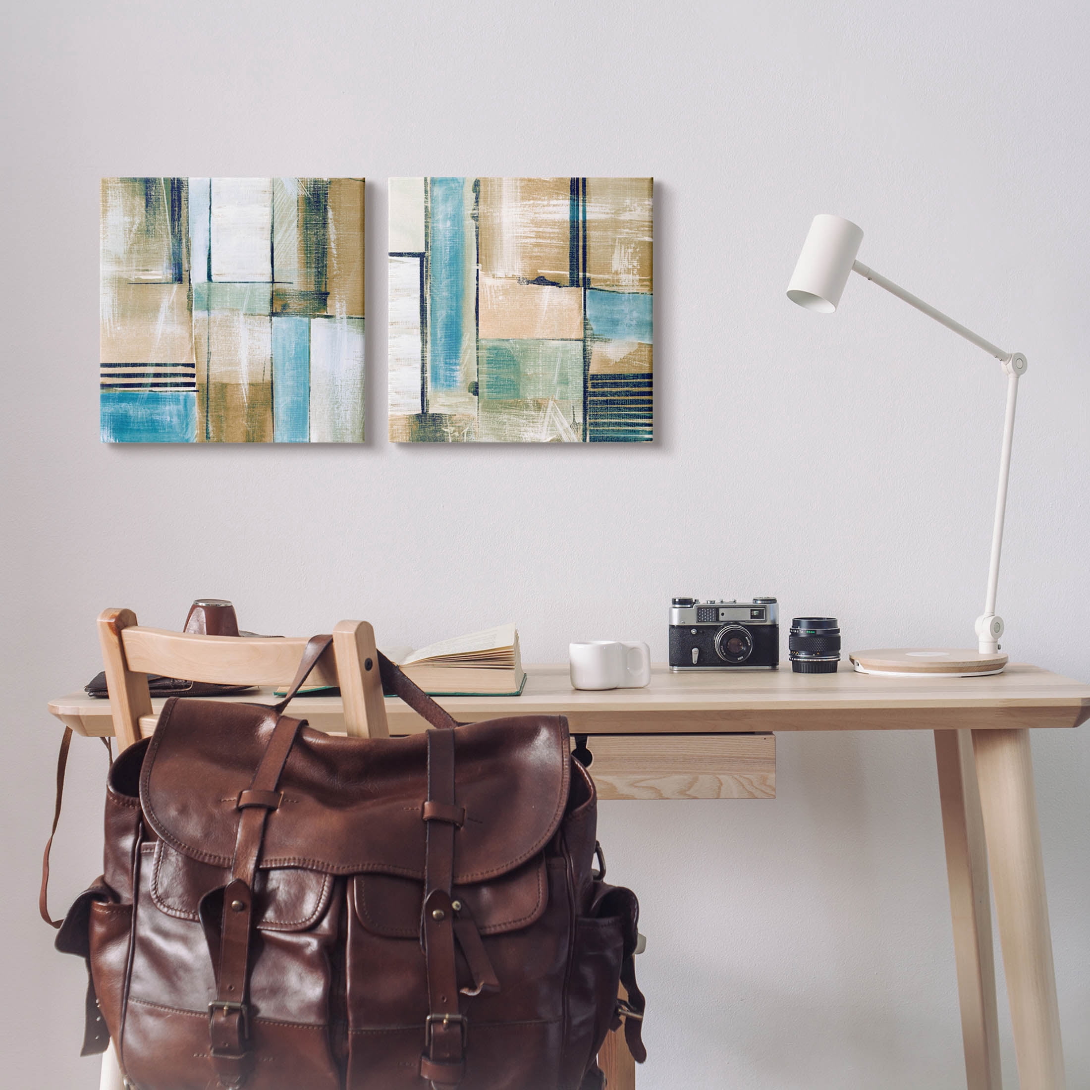 Contemporary Geometric Neutral Tones Abstract Graphic Art Gallery Wrapped Canvas Print Wall Art, Set of 2
