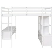 Euroco Full Loft Bed Wood Frame Desk with Drawers and Shelf for Kids Teens, White