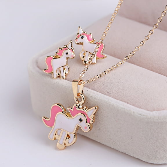 Unicorn Alloy Enamel Pendant Necklaces & Stud Earrings sets Golden 400mm