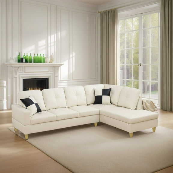 Hommoo Faux Leather L-Shaped Sectional Sofa, Modern 4-Seat Couches and Sofas Set, Living Room Furniture Sets for Home& Office, White(No Ottomans)