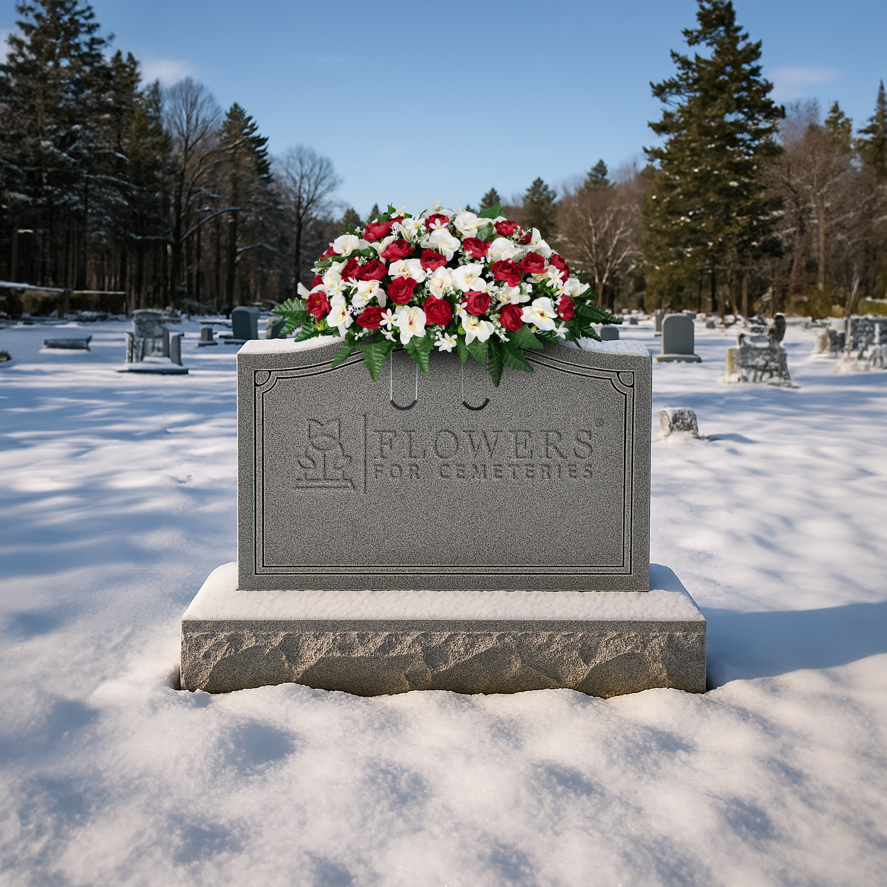 Sympathy Silks Artificial Cemetery Flowers - Red Cabbage Rose and White Orchid - Saddle for Headstone