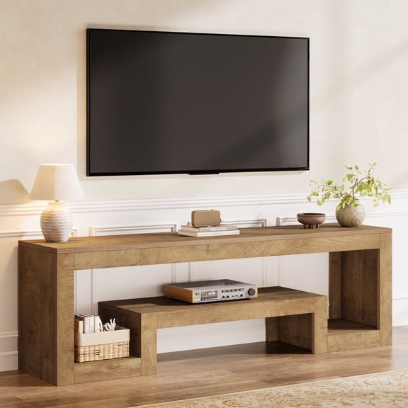 Finmind 63-inch TV Console Stand for 55/60/65/75-inch TVs, Farmhouse Entertainment Center with Open Storage Shelves, Natural Brown
