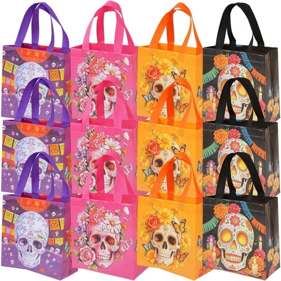 Vjnyvs 12 Pcs Skull Gift Bags Day of Dead Shopping Bags Halloween Tote, 9 In