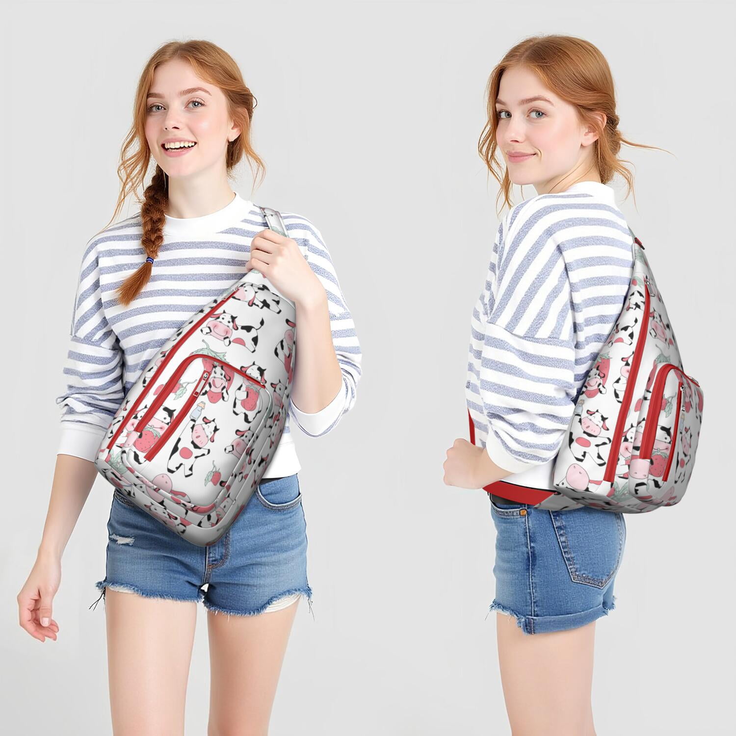 Highland Cow Print Canvas Sling Bag - Rustic Farmhouse Crossbody Backpack for Men & Women, Cute Cow Lovers Shoulder Daypack (Black & White Cow Pattern, Funny Farm Design, Unisex Casual Rucksack)