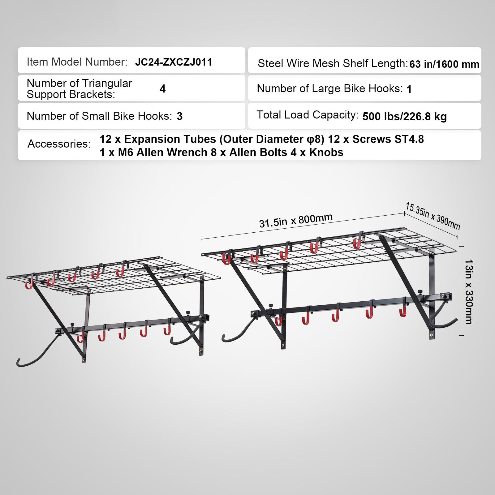 KFFKFF Bicycle Storage Solution, Wall-Mounted Rack for 4 Bikes, Includes Dual Shelving, Home & Garage Space Saver, Adapts to Different Bicycle Sizes