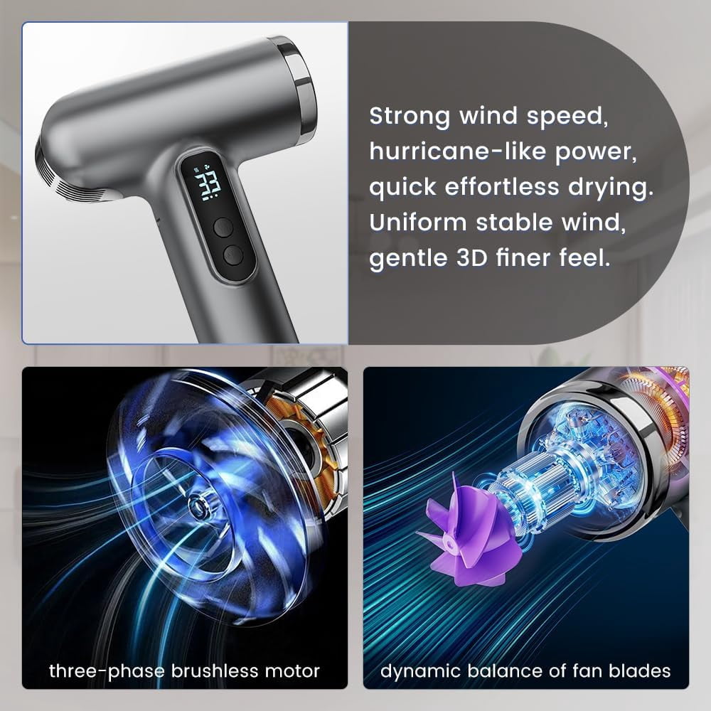Cordless Rechargeable Hair Dryer, 15000mAh Battery Operated,USB Portable Blow Dryer，3 Adjustable Hot and Cold Air Settings, Used for Travel, Camping, and RV.