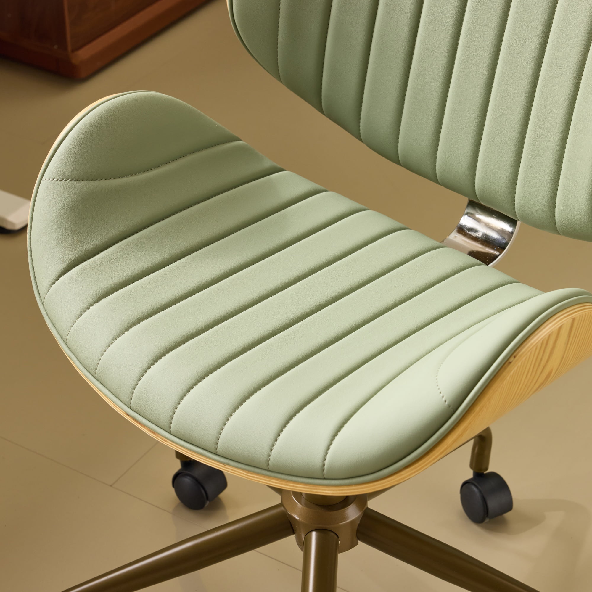 Ktaxon Armless Office Chair, Curved Wood Accent Desk Chair with Swivel Seat, PU Task Chair for Study, Makeup Vanity Green