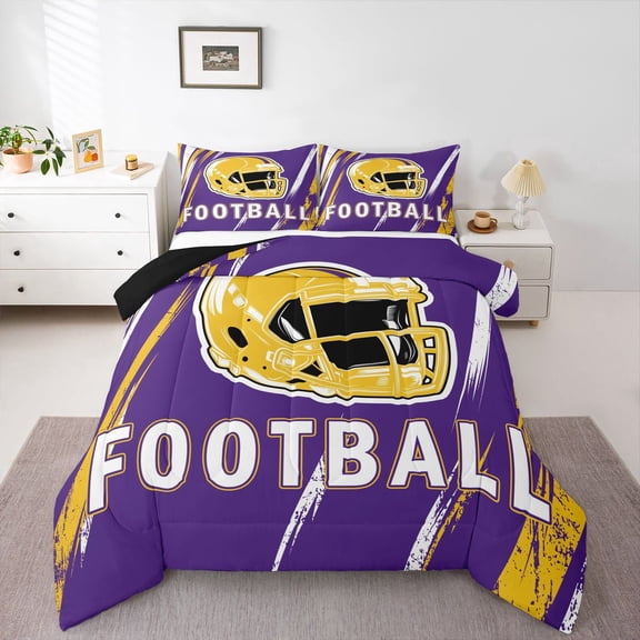 Erosebridal American Football City Bedding Twin Comforter Set, Yellow Purple Down Comforter, Eat Sleep Room Decor, Microfiber 2pcs