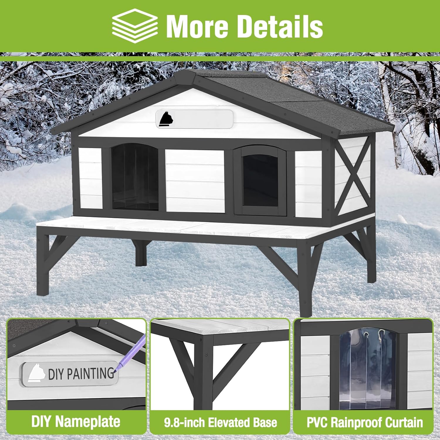 MEDEHOO Heated Cat House for Outside, Outdoor Cat House Weatherproof Insulated Feral Cat Shelter with Anti-Chewing Electric Heating Pad, Elevated Base & DIY Nameplate, 43.5" L(Black and White)