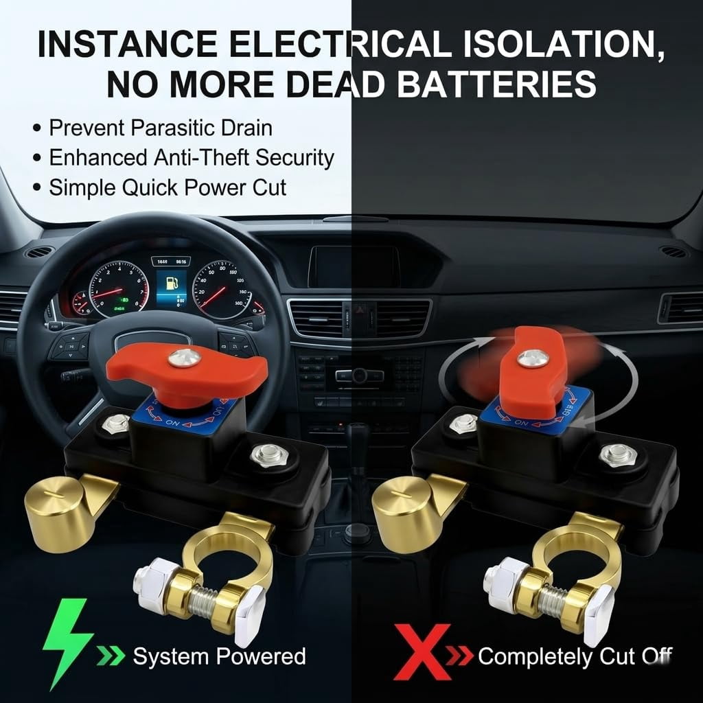 Universal Battery Disconnect & Leak Protector, Corta Corriente De Bateria, Battery Cut off Switch 12v-24v Heavy Duty, Pure Copper, Manual Adjustable Kill Switch for Truck Car Rv Boat (1pc)