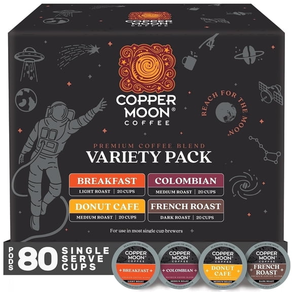 Copper Moon Variety Pack, Single Serve Coffee Pods for K-Cup Brewers, 20 each: Donut Cafe, Breakfast Blend, Colombian, French Roast, 80 ct