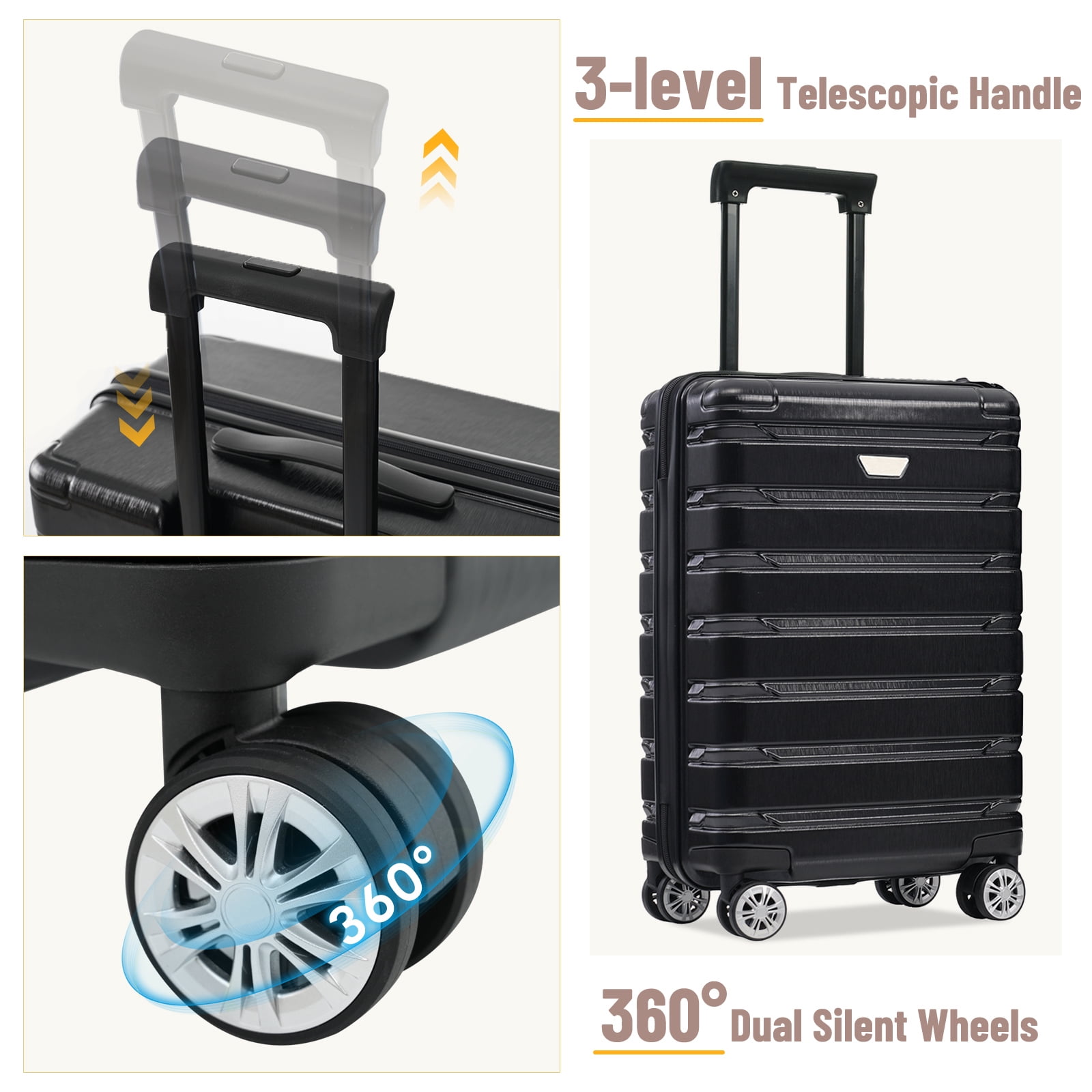 20" Carry on Luggage Set, 24" Hardshell Checked Luggage, 28" Large Travel Suitcase Set with Spinner Wheels for Men Women, Black