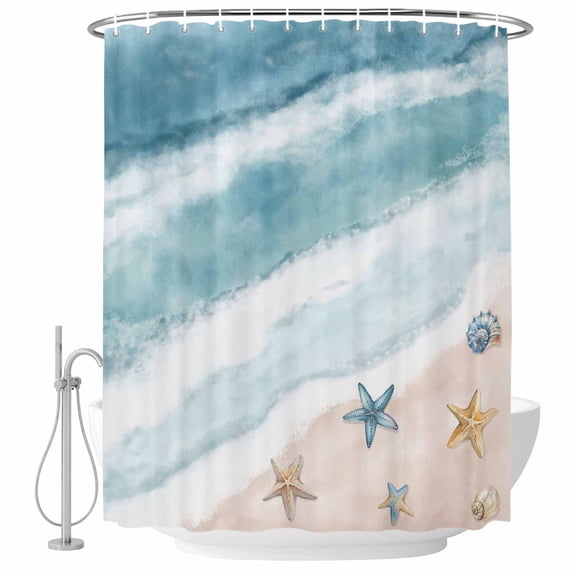 66x72 Inch Shower Curtains for Bathroom, Teal Summer Beach Fabric Bath Curtain Decor, Coastal Waves Ocean Starfish Conch Waterproof Restroom Curtains Shower Set Accessories with 12 Hooks 66 Inch