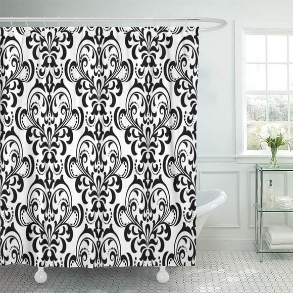 CYNLON Abstract Floral Pattern Baroque Damask Black and White Curtains Delicate Drapery Bathroom Decor Bath Shower Curtain 66x72 inch
