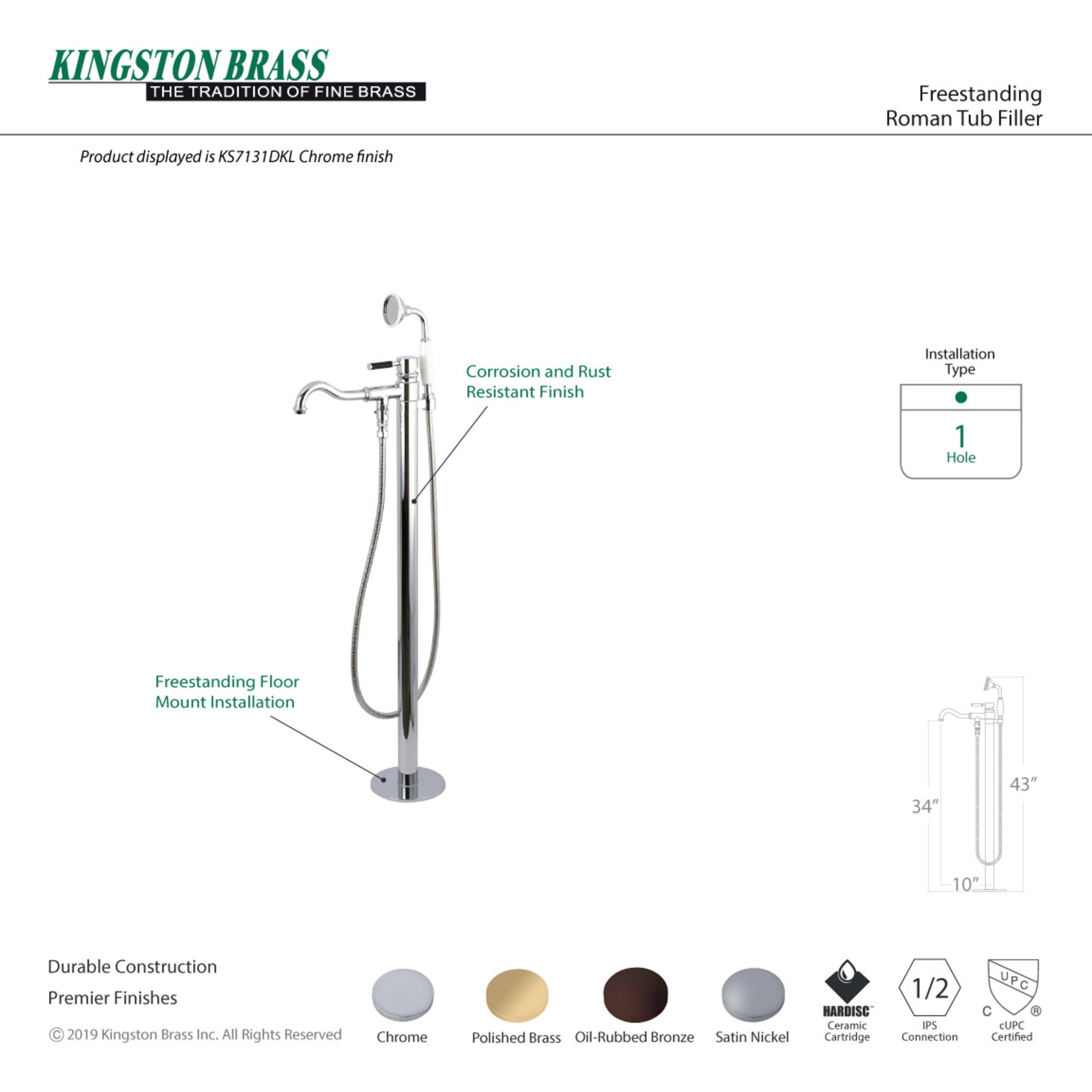 Kingston Brass KS7132DKL Kaiser Freestanding Tub Faucet with Hand Shower, Polished Brass
