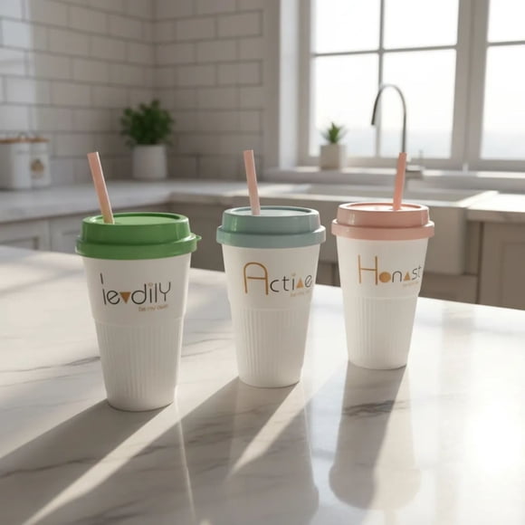 12 Vasos Plástico Reutilizable Con Tapa Y Popote 300ml