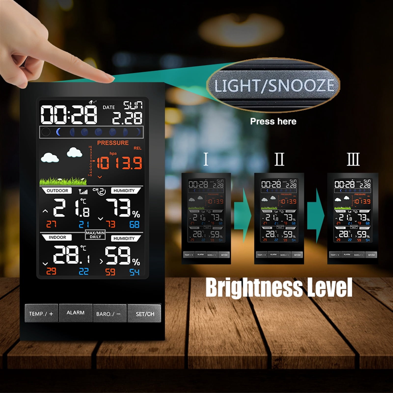 Weather Station Indoor Outdoor Sensor LED Temperature Humidity Forecast Snooze Table Digital Alarm Clock ,Easy to Operate