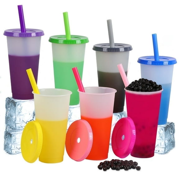Plastic Tumblers Bulk with Lids | Straws for Adults Kids: 12 oz Reusable Boba Drinking Cups Reusable Ice Cold Color Changing Cups