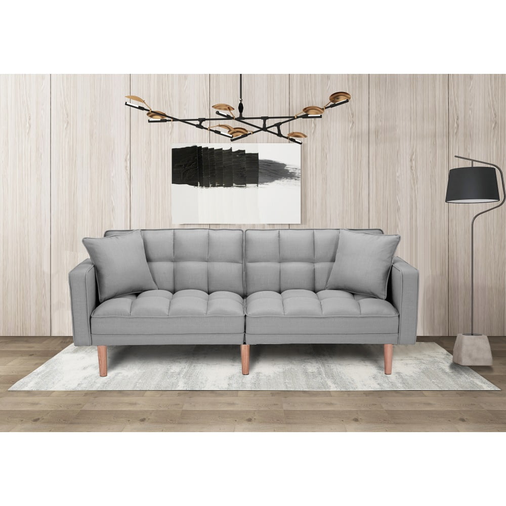 Futon Sleeper Sofa With 2 Pillows Light Grey Fabric
