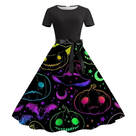 

Bat And Pumpkin Print Logo Crew Neck Short Sleeve Dress Swing Skirt Tunic Men