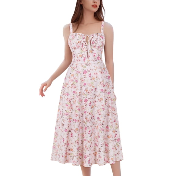 IDOPIP Women Floral Midi Corset Dress Boho Flowy Slit Lace Up Dresses Going Out A Line Casual Sundress