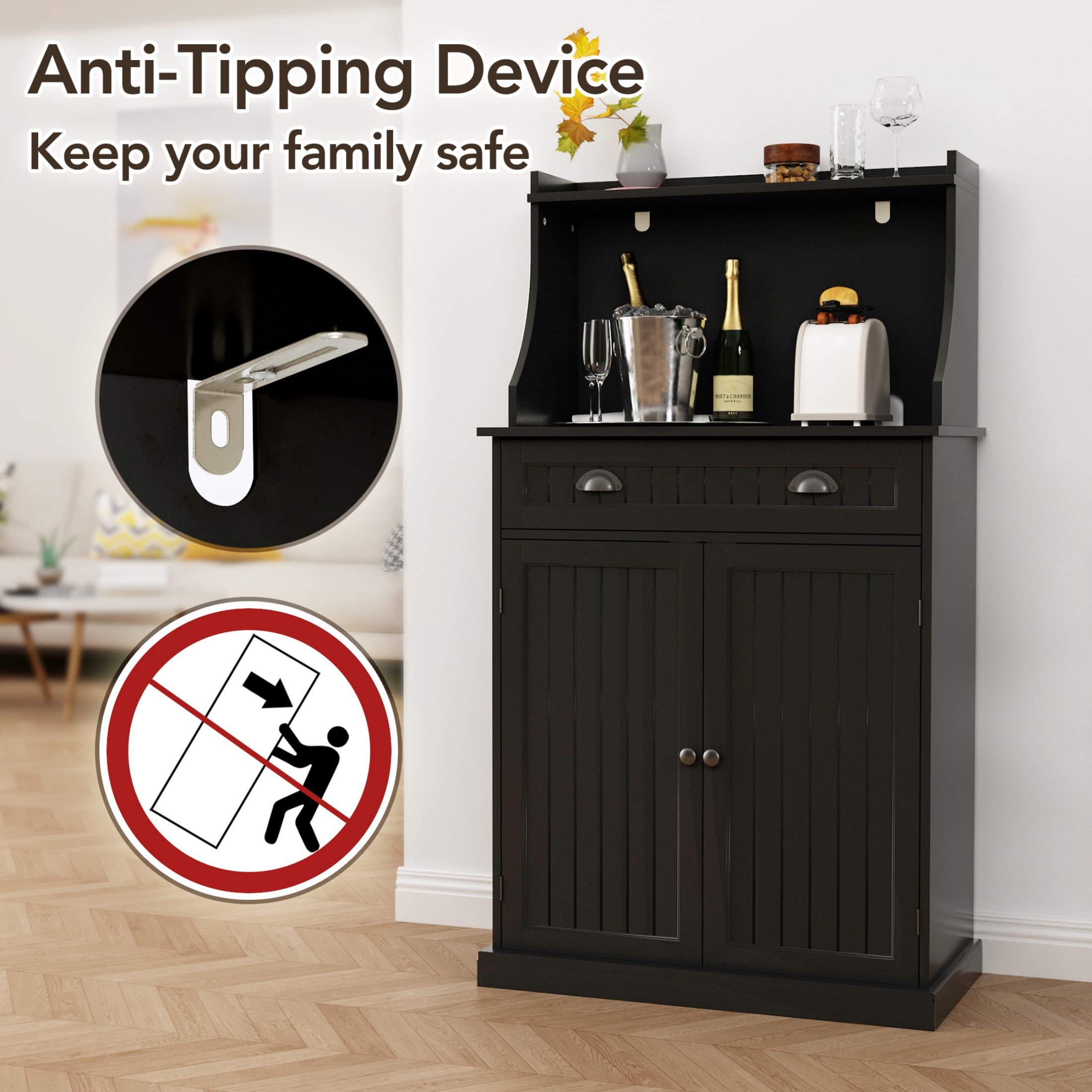 HLR 54" Kitchen Pantry Cabinet with Door & Shelves, Sideboard Buffet Cabinet with Microwave Stand for Dining Room, Black