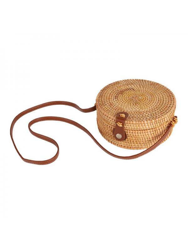 Multi-purpose Handwoven Round Rattan Crossbody Bag for Women Leather ...