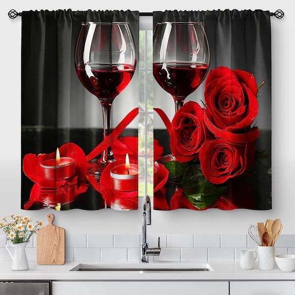 Rideaux de Cuisine Verre à Vin Rose Rouge - Fleurs Romantiques Rétro Campagnardes Rideaux Courts de Café Décor pour Salle à Manger Saint-Valentin Floral Ferme Poche de Tringle Ensemble de 2 Panneaux 28"x24 Pouces
