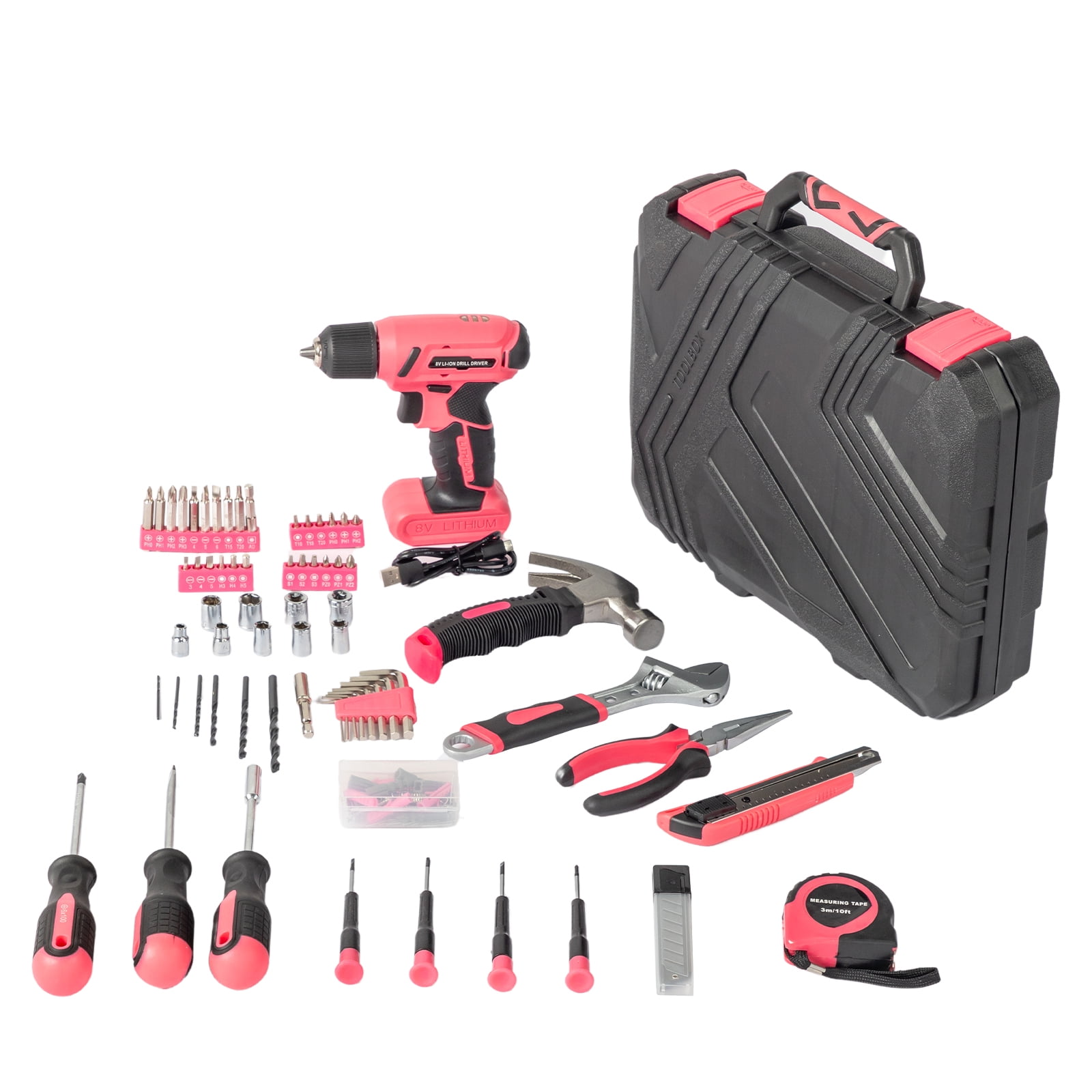 DECMAY 146-Piece Drill Set with 8V Pink Cordless Drill, Home Tool Kit with Drill, House Repairing Hand Tool Kits with Portable Case, for DIY Home Maintenance