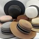 thumbnail image 4 of Sombrero de paja tejido de ala ancha para mujer, sombrero plano Retro, cinta de protección solar, playa, vacaciones, Verano, 4 of 4