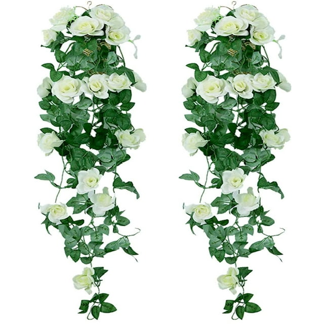 Blanco, 2 piezas de plantas colgantes artificiales de 85 cm - Flores de rosas de seda falsas Guirnalda colgante Vid de hiedra de ratán para la decoración de la pared del jardín del banquete de boda ER