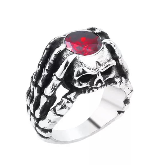 HOOUN Skeleton Hands Red CZ Skull Head Ring Stainless Steel Gothic Biker Punk Ring New-12
