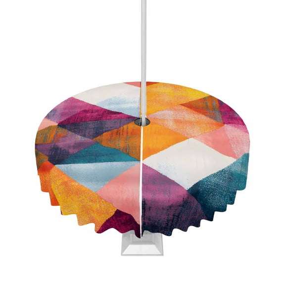 nqOlkjepod Colorful Shabby Rhombus Outdoor Tablecloth with Umbrella Hole & Zipper, Vintage Color Block Round Table Cover 60 Inch, Dining Waterproof Table Cloth Protector for Patio/Party/Picnic