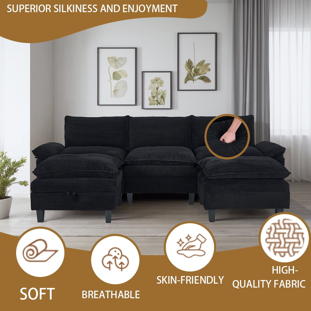 Gewnee Modular Sectional Sofa with Movable Storage Ottomans, U Shaped Cloud Couch for Living Room, 3-Seat