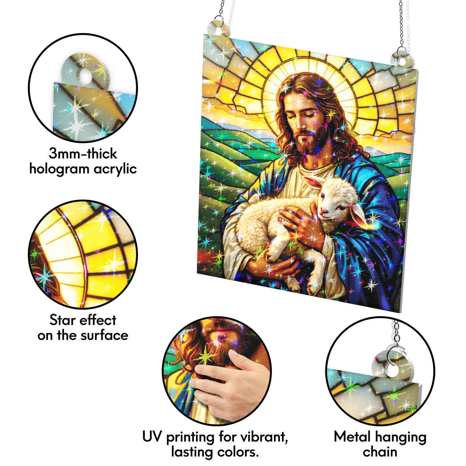 89Bloom Jesus and the Lamb Stained Glass Hologram Ornament, Stained Glass Suncatcher Ornaments Home Decor, Holographic Ornaments