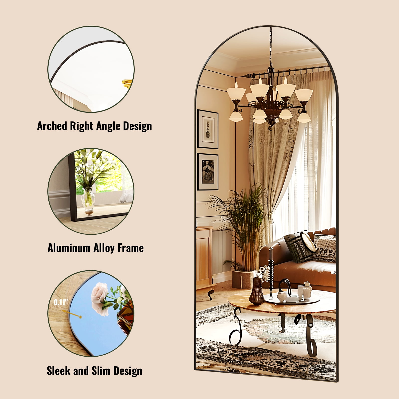 GRAHMCY 76"x34" Arched Full Length Mirror Floor Standing Mirror, Black
