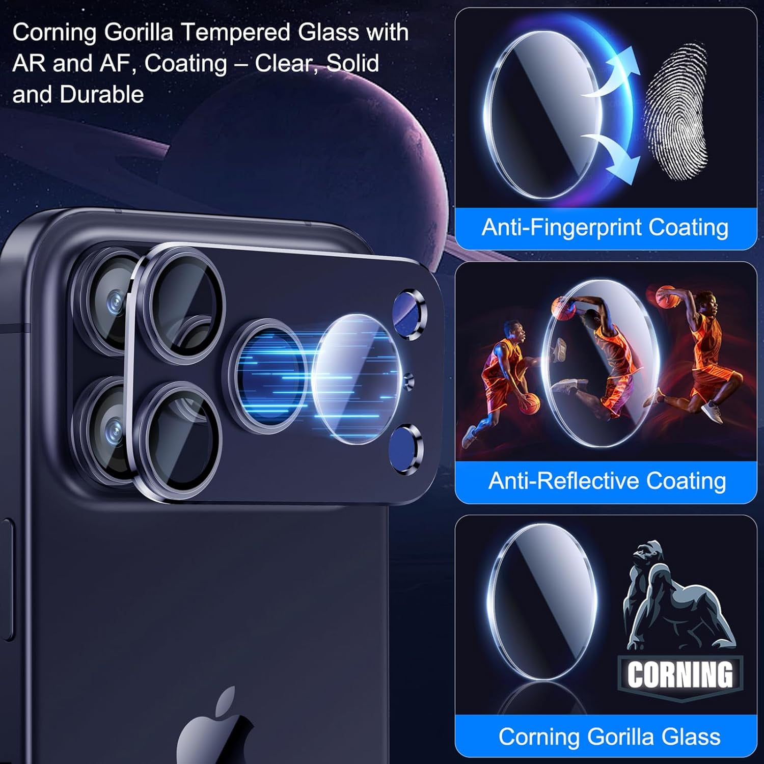 UYWGF-Upgrade 2 Pack for iPhone 17 Pro Max Camera Lens Protector, Aluminum Alloy Metal matte Case Tempered Glass Camera Screen Cover, Scratch Resistant Case Friendly (Blue)