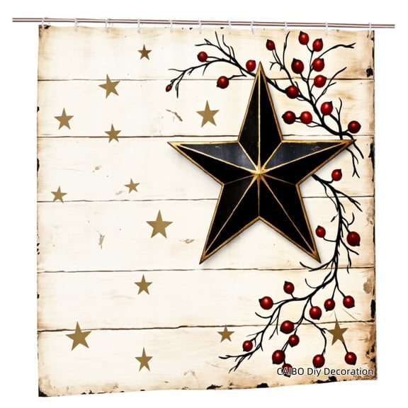 Joocen Polyester Shower Curtain With Black Star And Red Berries Design For Home Bathroom Bath Tub Decoration 72x72 inch