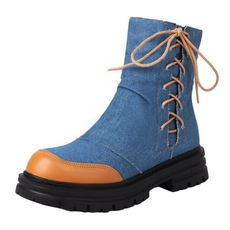 OJSFQUFP Womens Booties Ladies Casual Cowboy Round Toe Patchwork Leather Strappy Design High Heel Solid Color Mid Calf Large Size Ankle Boots Short Boots Ladies Waterproof Shoes Blue 39