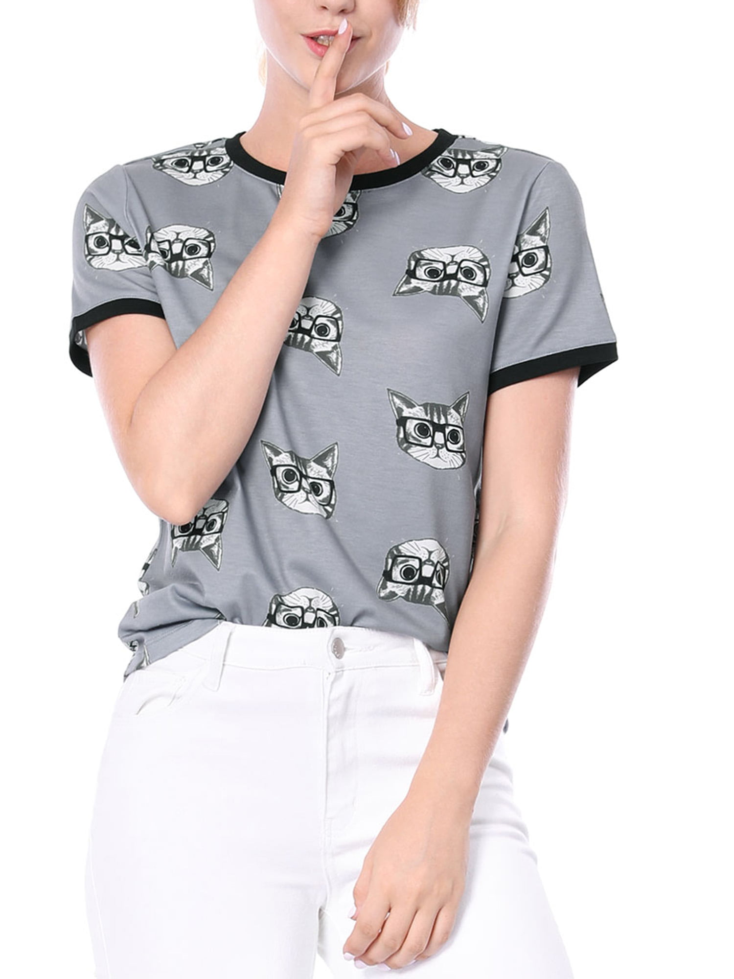 Tsmile Women Premium Quality Cute Kitty Printing Tee Cotton Blend Short Sleeve O-Neck Casual T-Shirt Pullover Tops