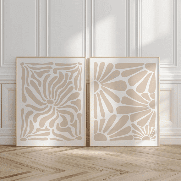 Beige Boho Floral Abstract Minimalist Poster Set, Poster Only