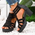 thumbnail image 5 of PiGOGI Women Solid Color Rhinestone Open Toe Back Zipper High Heeled Sandals Thick Heel Summer Black, 5 of 9