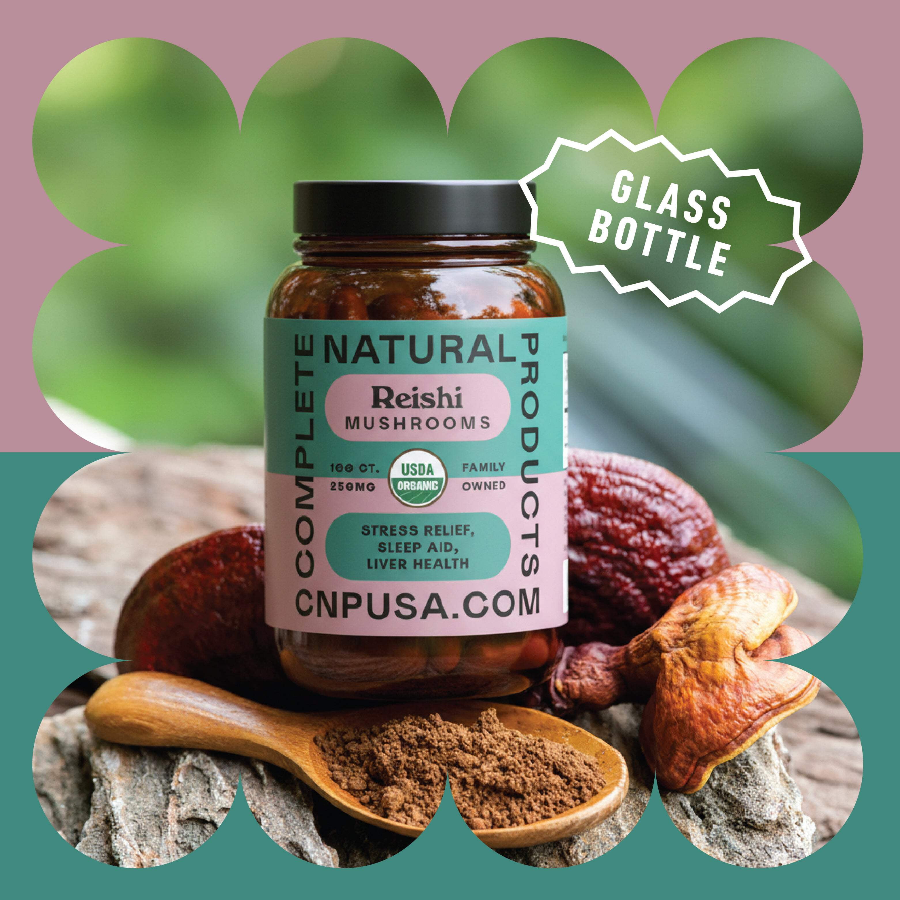 Complete Natural Products Organic Reishi Mushroom Capsules, 250mg, 100ct | Fruiting Body Extract | Plant-Based | Adaptogenic Support | Made in USA | Organic & Kosher Capsules