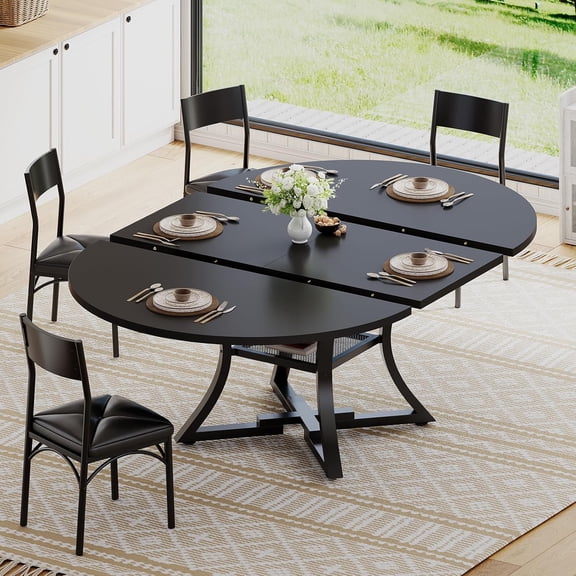 5-Piece Round Extendable Dining Table Set for 4-6 with 4 Cushion Chairs, Kitchen Table with MDF Board and Metal Frame, Black