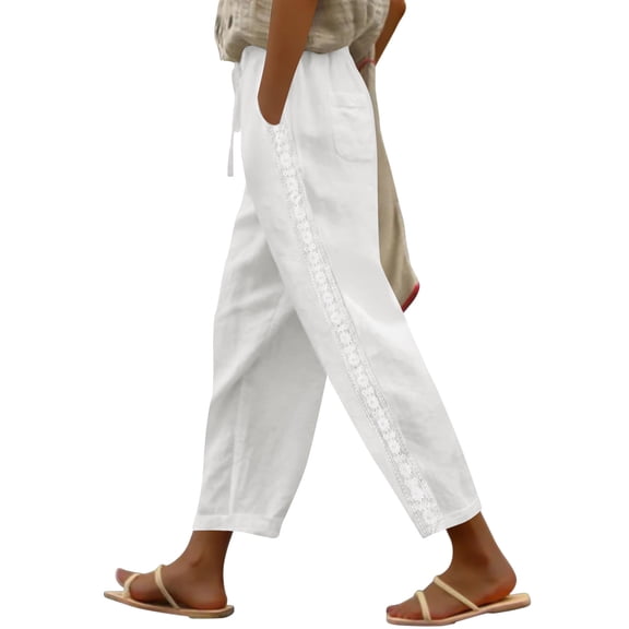 Fgvctg Linen Pants Women 2026 Summer Flowy Wide Leg Cotton Linen Pants Travel Elastic Waist Palazzo Drawstring Long Trouser Lightweight Beach Lounge Trousers Clothes with Pockets White L
