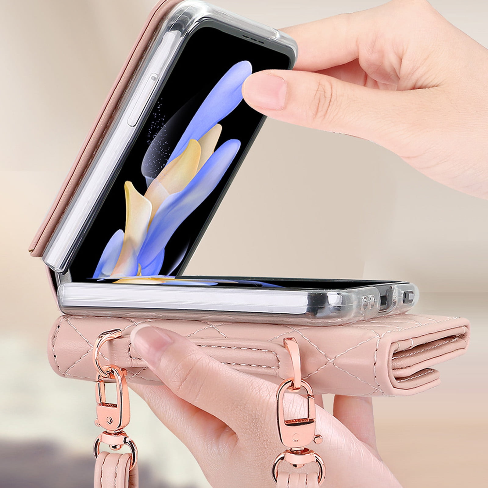 ELEHOLD Leather Wallet Case For Samsung Galaxy Z Flip 4, PU Leather Crossbody Strap Card Slots Drop Protective Phone Case Hinge Cover, Stand Feature, Pink
