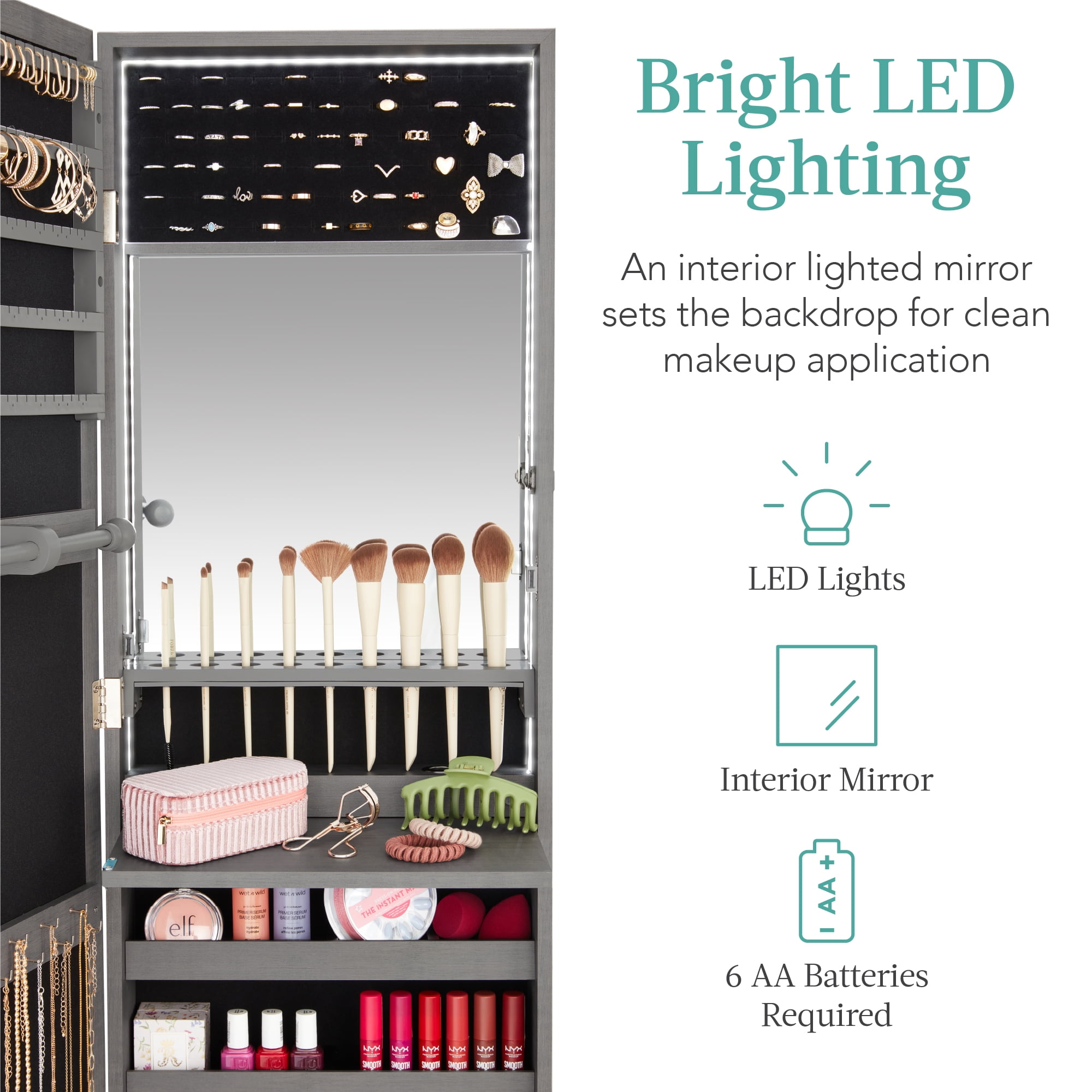 Best Choice Products Hanging Mirror Jewelry Armoire, Door or Wall Mounted Cabinet w/ LED Lights, Lock - Gray Oak