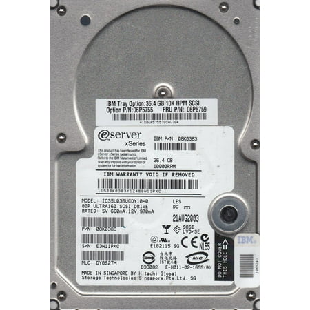 36gb 10k U160 Hard Drive - IC35L036UCDY10-0, PN 08K0383, MLC DY0S27M, IBM 36GB SCSI 3.5 Hard Drive